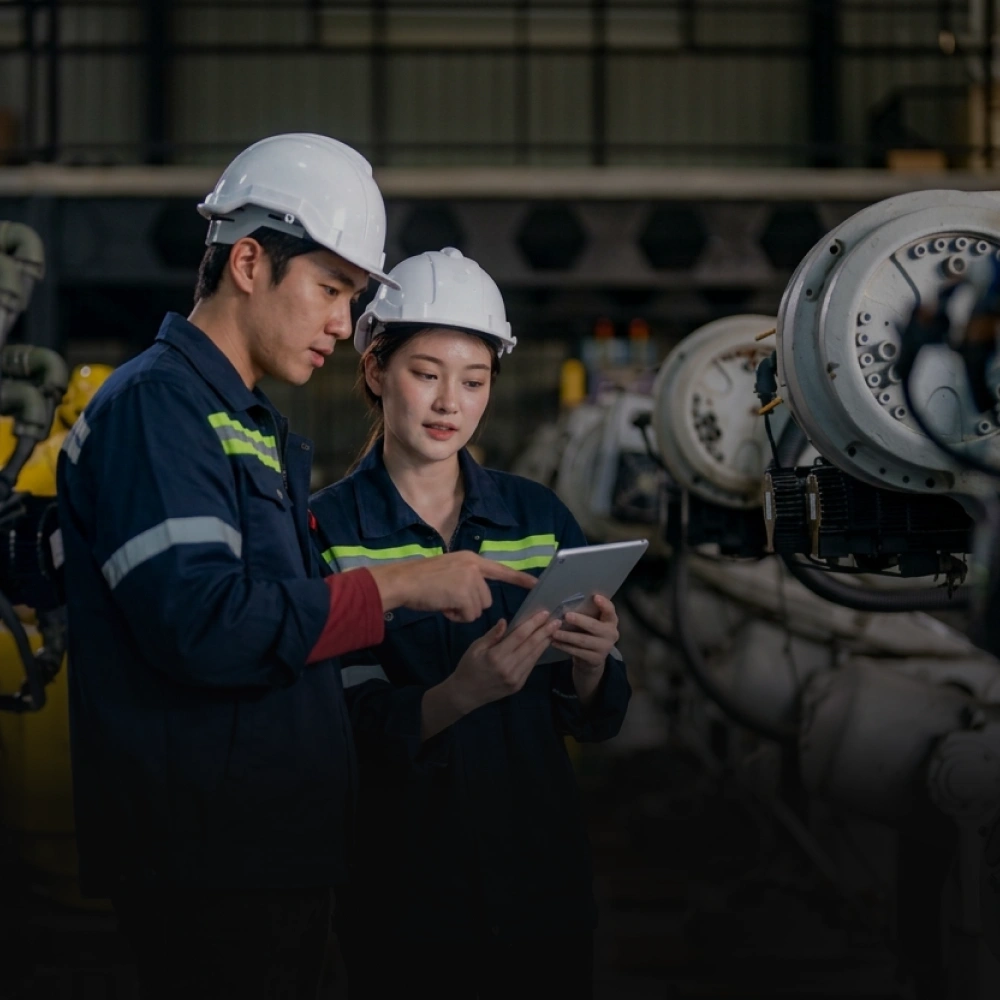 Two engineers discussing technical details on a tablet at a field site to illustrate ENGI