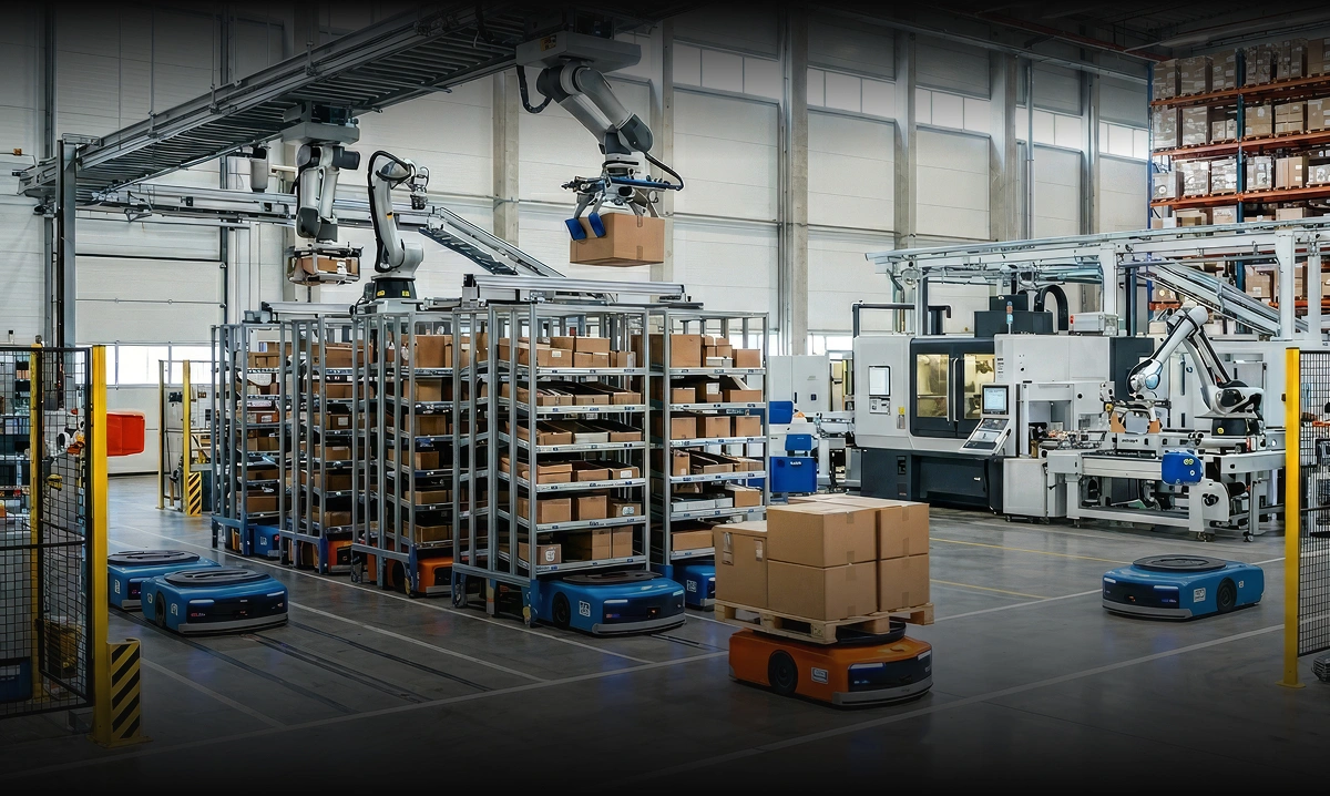 engicorix-business-1-2-2-mo Robotic arms moving boxes and a wheeled cargo robot transporting goods in a fully automated, unmanned warehouse platform by ENGICORIX Maintenance Division